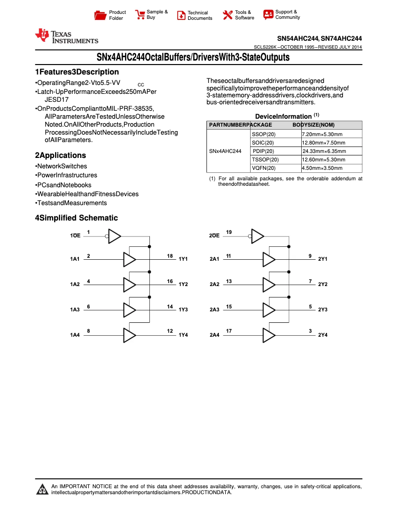 Image de la première page du manuel de l'appareil SN74AHC244DWR