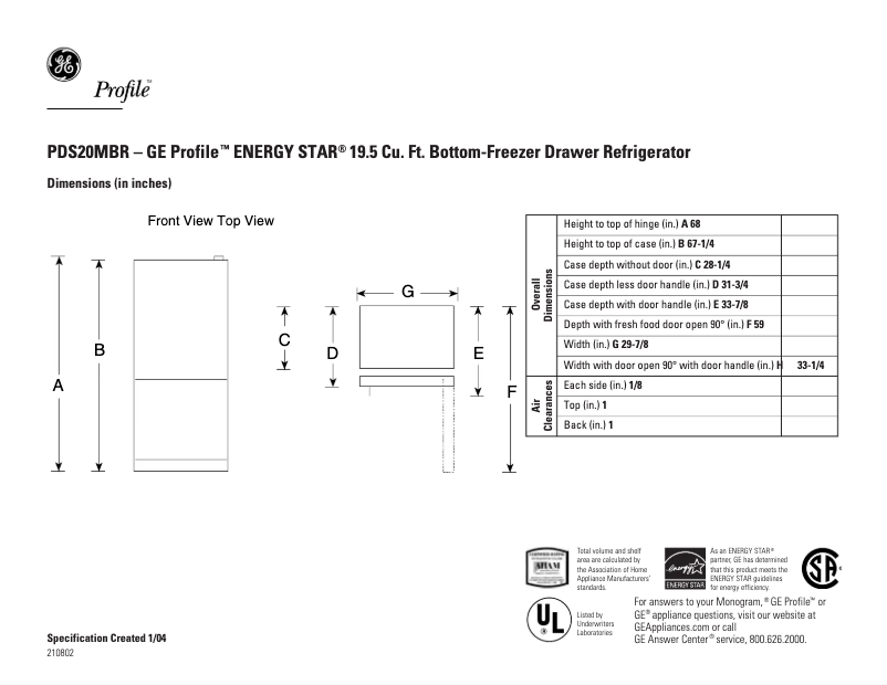 Page 1 de la notice Fiche technique GE PDS20MBRBB