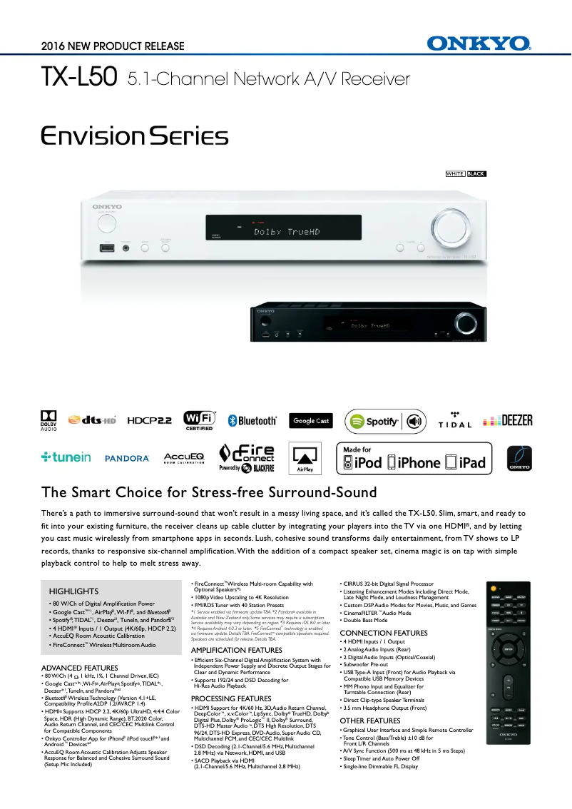 Page 1 de la notice Fiche technique Onkyo TX-L50