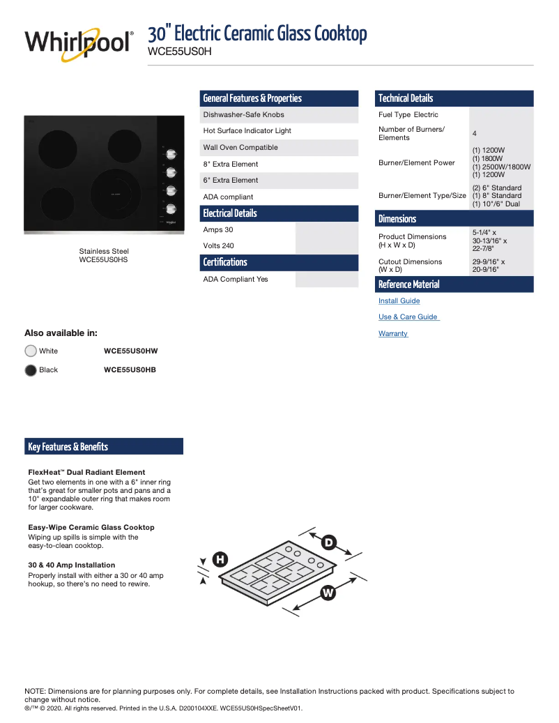 Página 1 del manual Ficha técnica Whirlpool WCE55US0HS