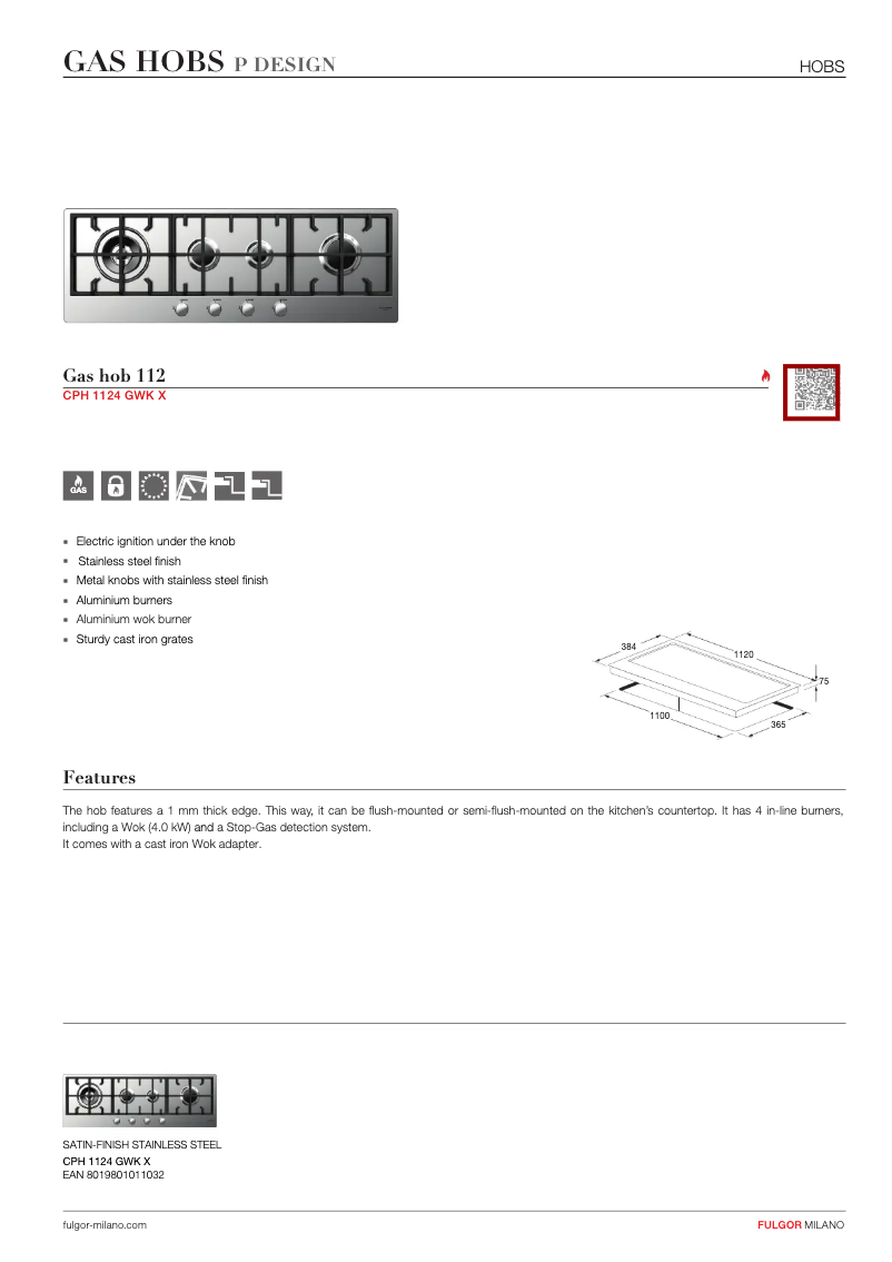 Page 1 de la notice Fiche technique Fulgor Milano CPH 1124 GWK X