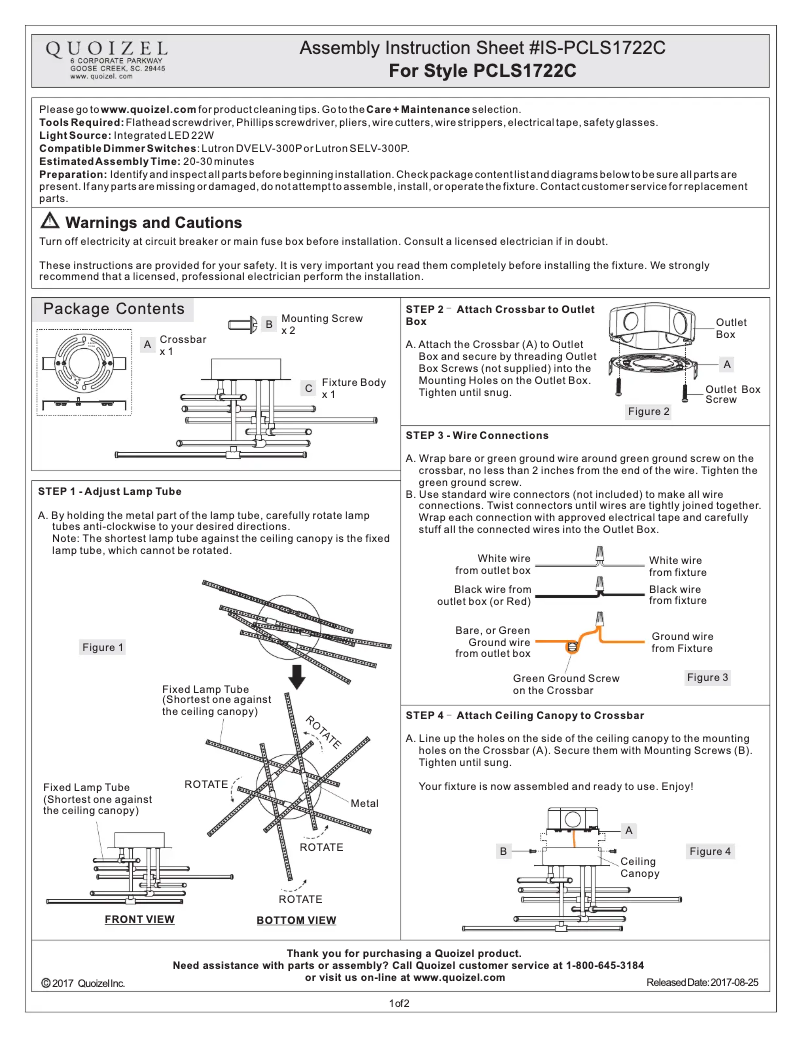 Page 1 de la notice Manuel utilisateur Quoizel PCLS1722C
