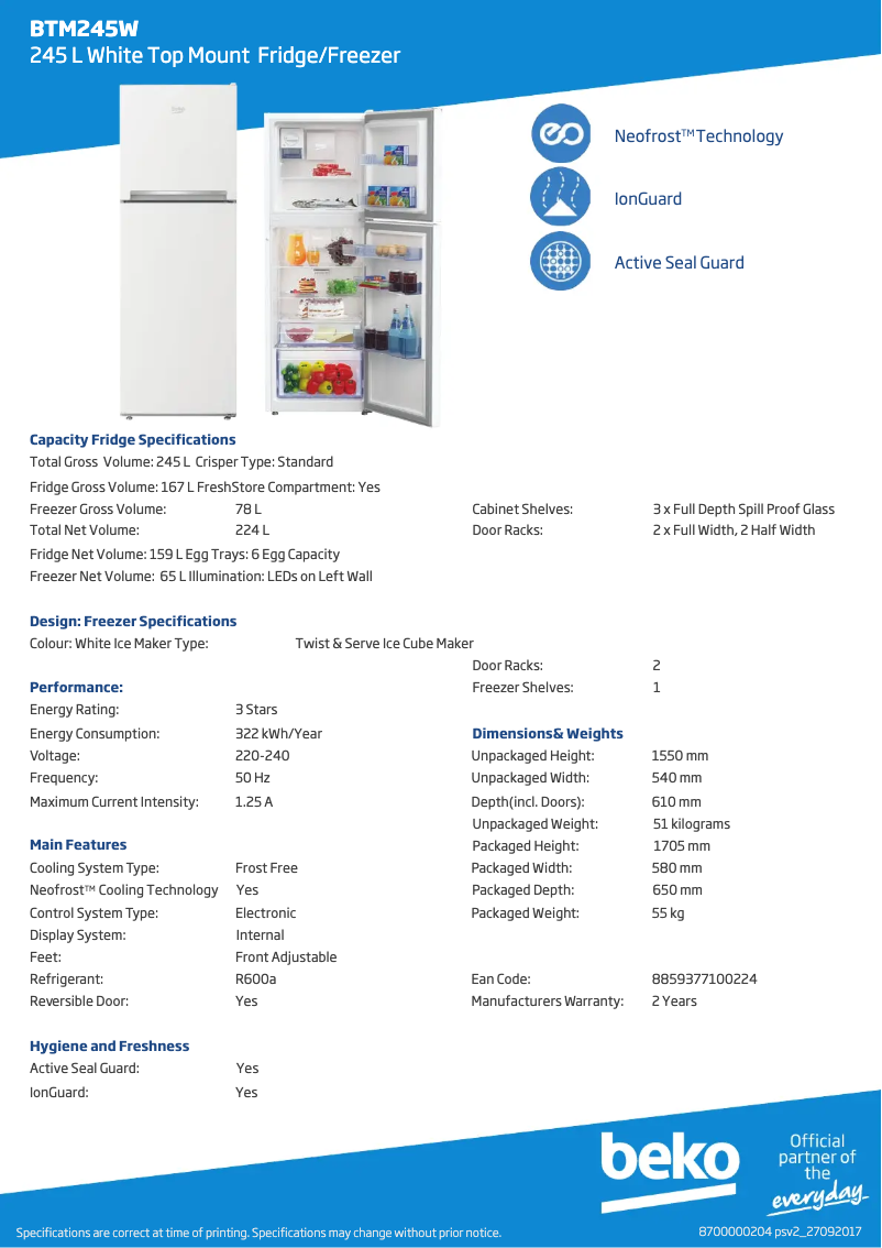 Page 1 de la notice Fiche technique Beko BTM245W