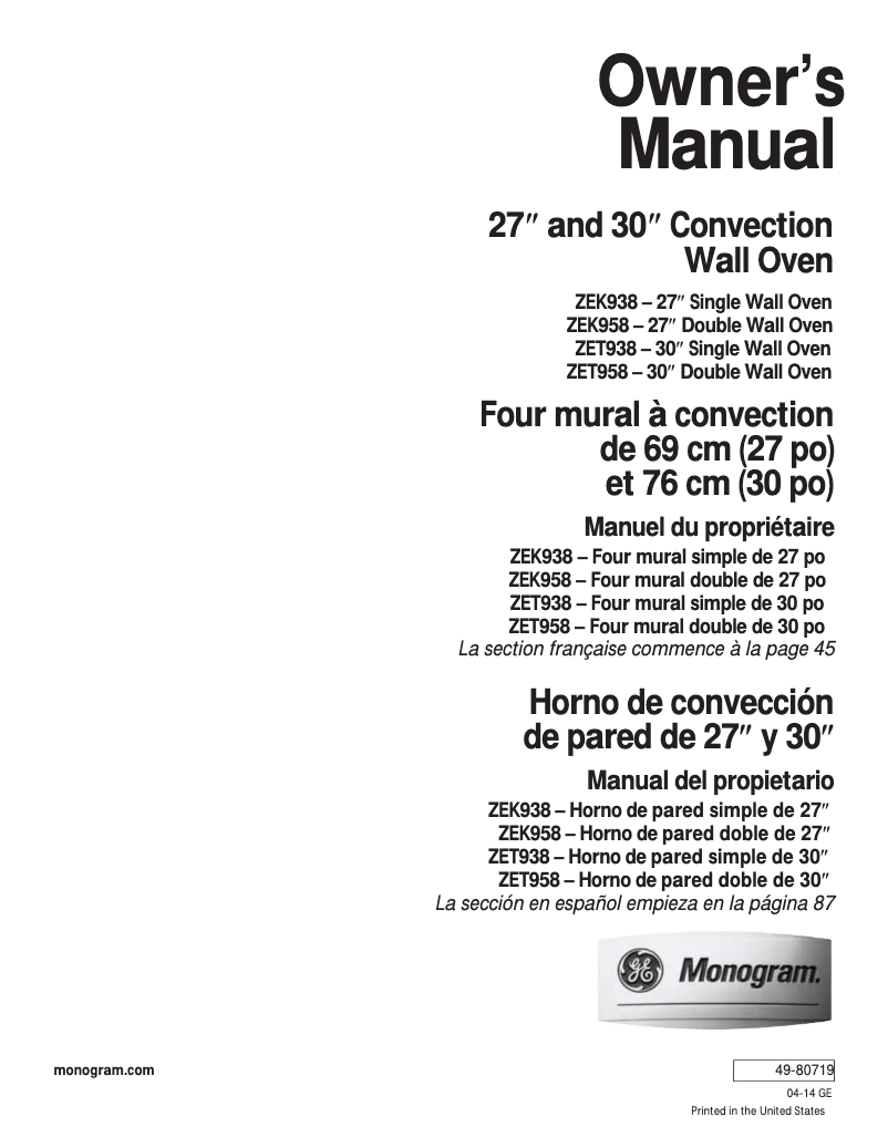 Page n°1 - Manuel d'utilisation et d'entretien GE ZEK938SMSS