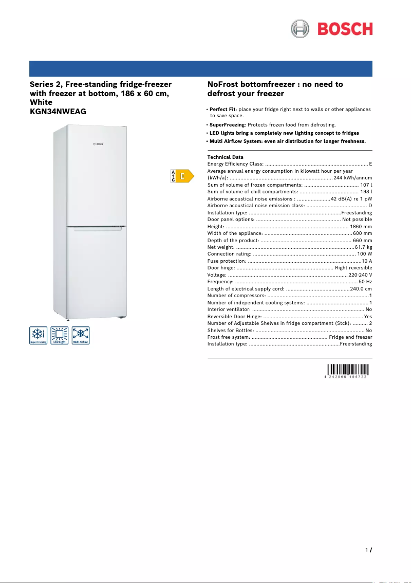 Page n°1 - Fiche technique Bosch Serie 2 KGN34NWEAG