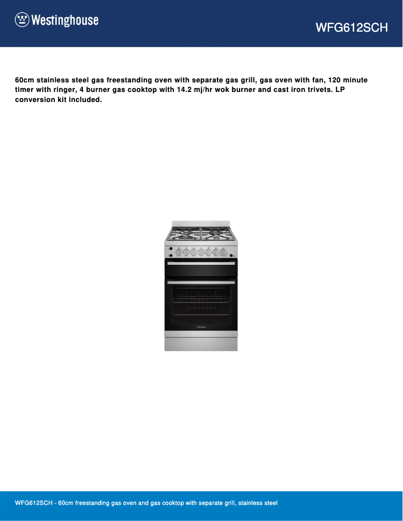Page 1 de la notice Fiche technique Westinghouse WFG612SCH