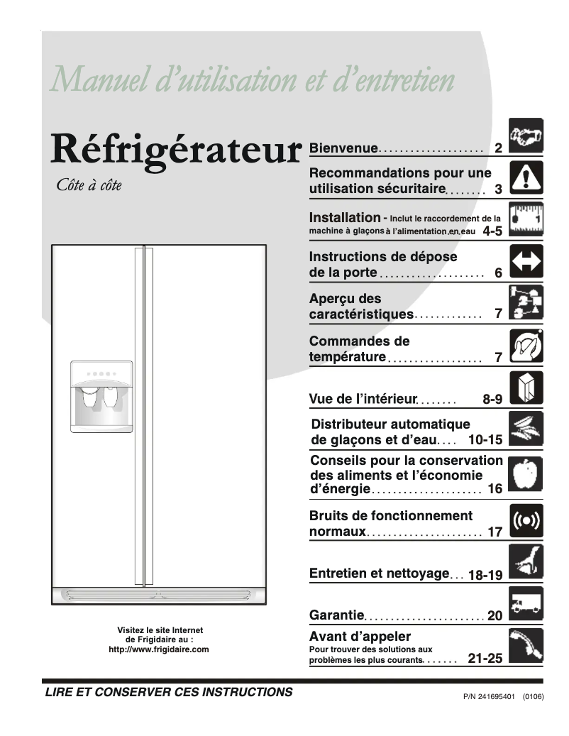 Page n°1 - Manuel utilisateur Frigidaire FRS6R3EW