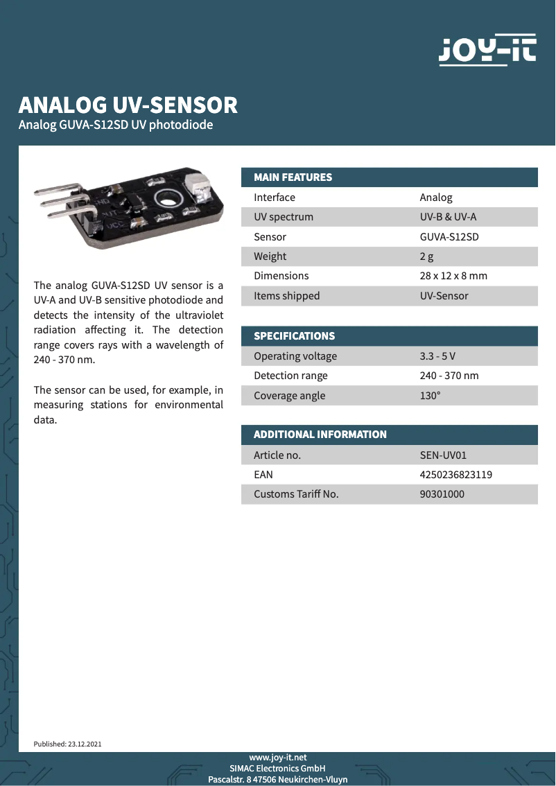 Página 1 del manual Ficha técnica Joy-It SEN-UV01