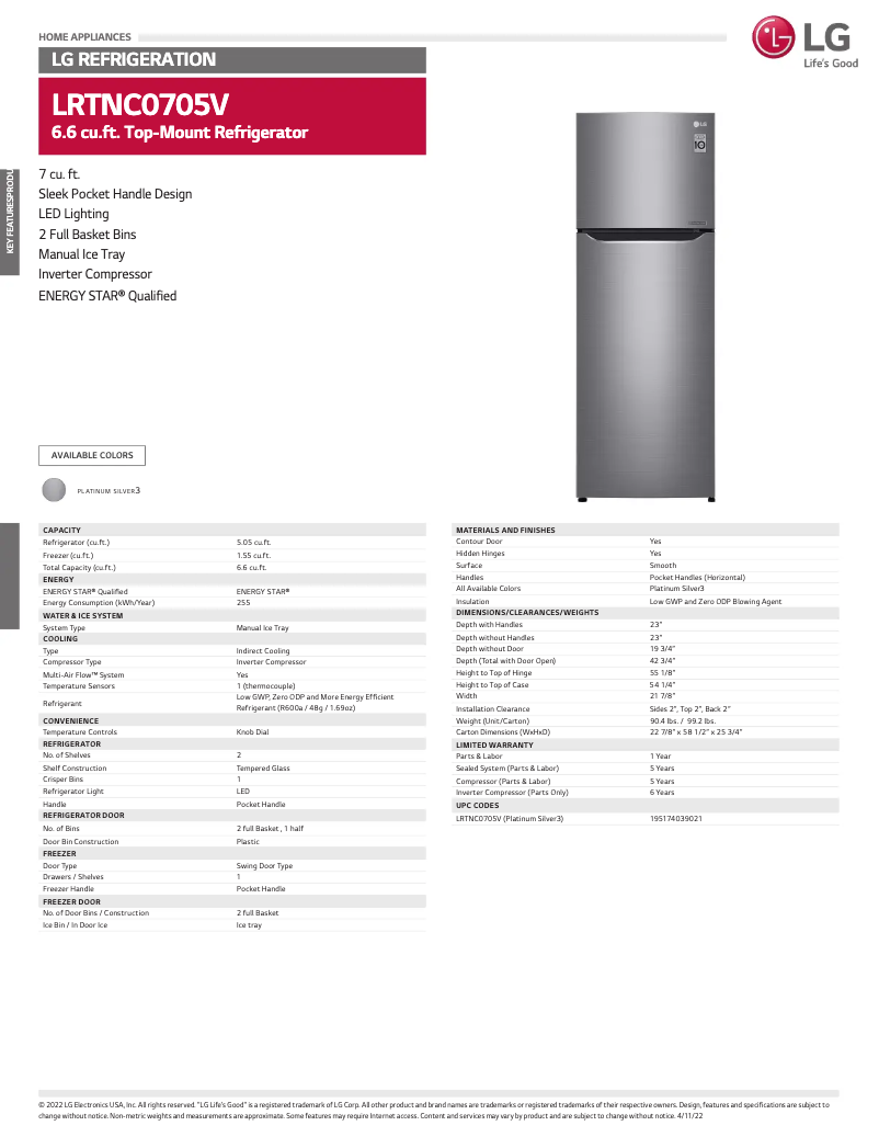 Page 1 de la notice Fiche technique LG LRTNC0705V