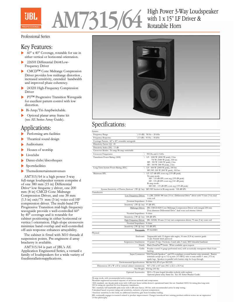 Page 1 de la notice Manuel utilisateur JBL AM7315/64