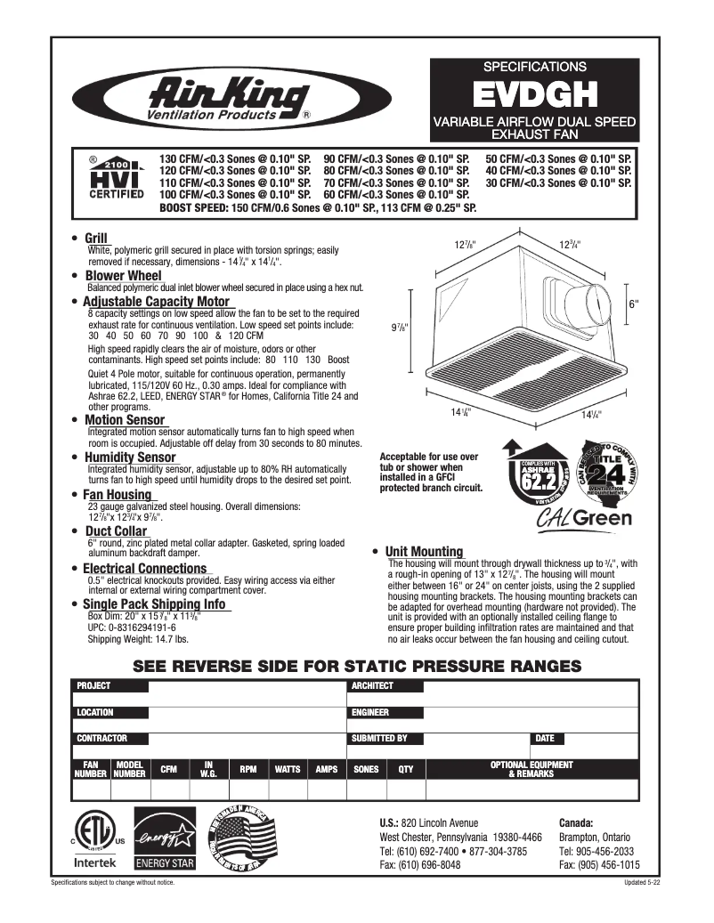 Page 1 de la notice Fiche technique Air King EVDGH