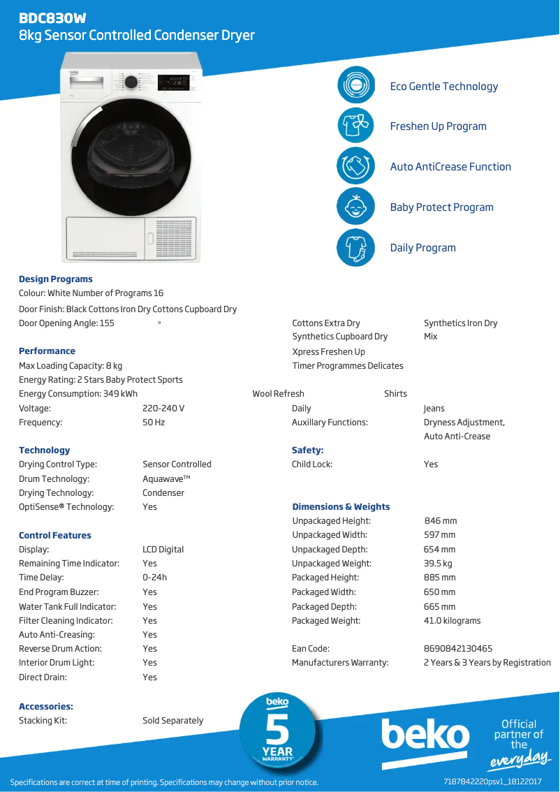 Page 1 de la notice Fiche technique Beko BDC830W