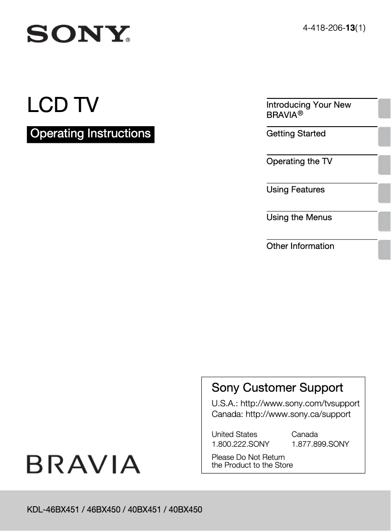 Page 1 de la notice Manuel utilisateur Sony Bravia KDL-40BX451