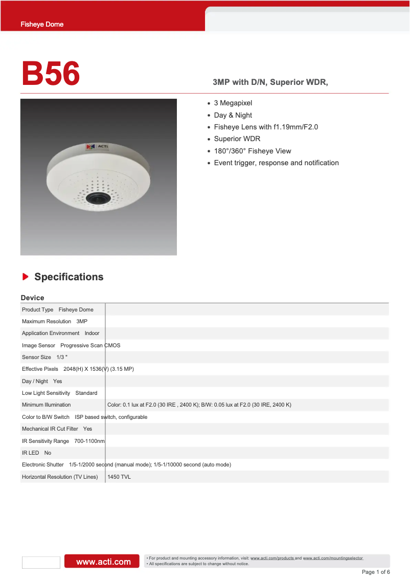 Page 1 de la notice Fiche technique ACTi B56