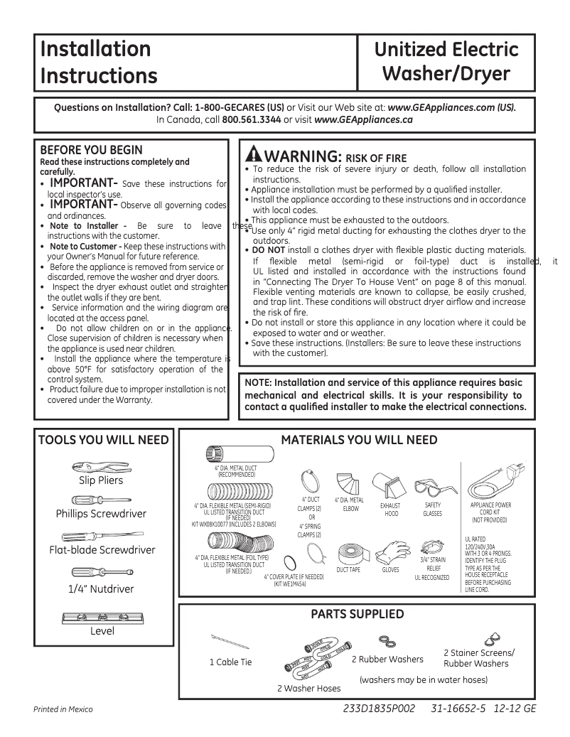 Page 1 of the manual Installation Guide GE Spacemaker GTUP270EMWW