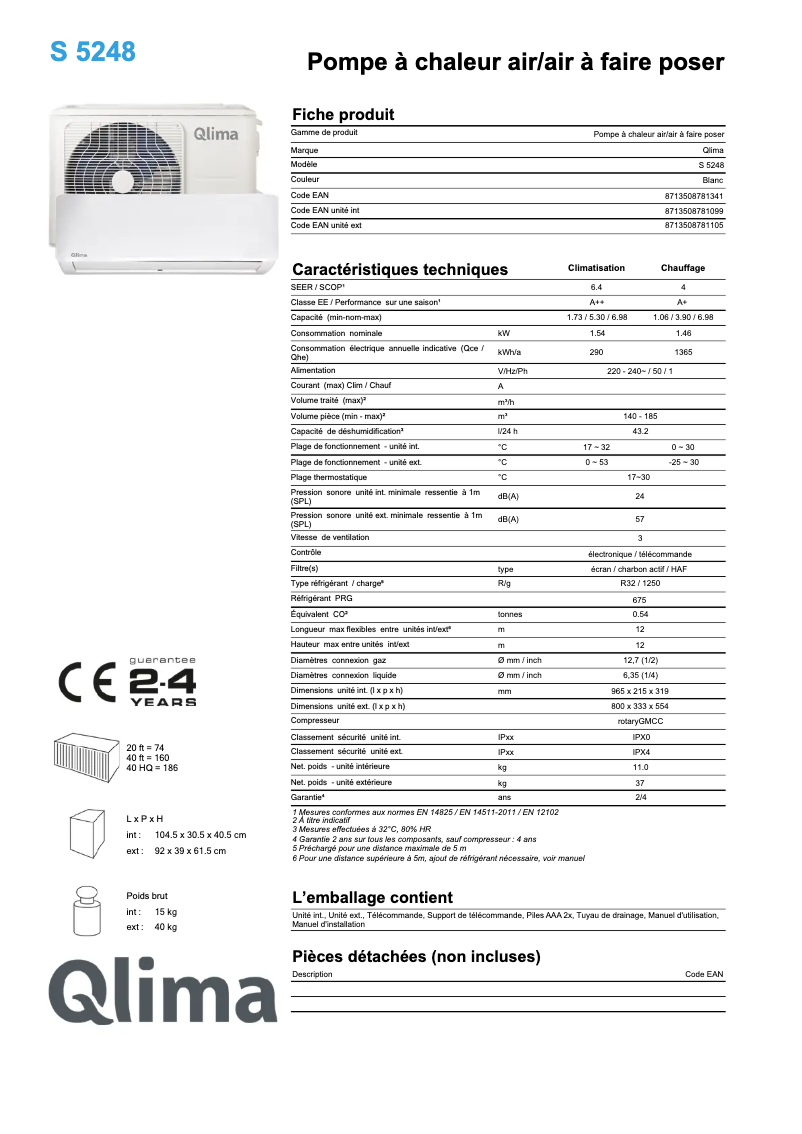 Page 1 de la notice Fiche technique Qlima S 5248