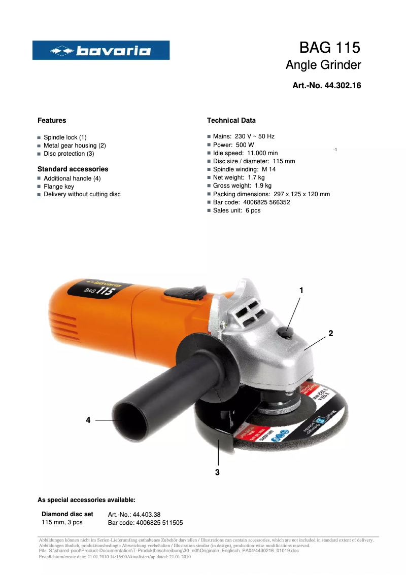 Página 1 del manual Ficha técnica Bavaria BAG 115