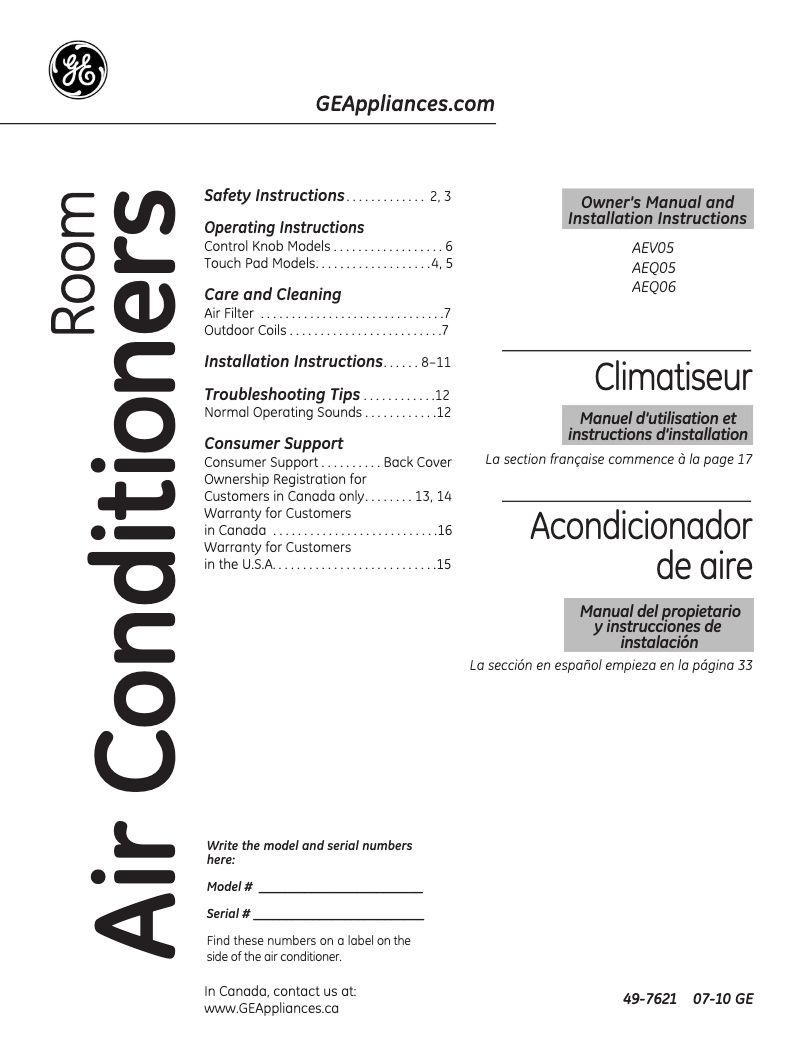 Image de la première page du manuel de l'appareil AEQ06LN
