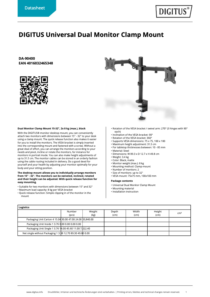 Page 1 de la notice Fiche technique Digitus DA-90400