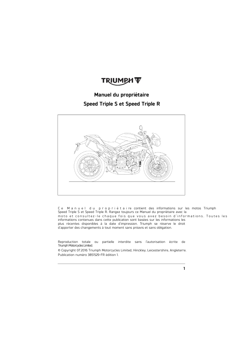 Page 1 de la notice Manuel utilisateur Triumph Speed Triple S (2017)
