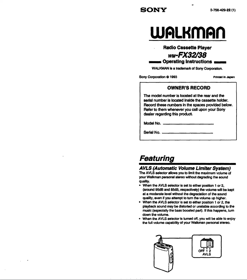 Image de la première page du manuel de l'appareil Walkman WM-FX38
