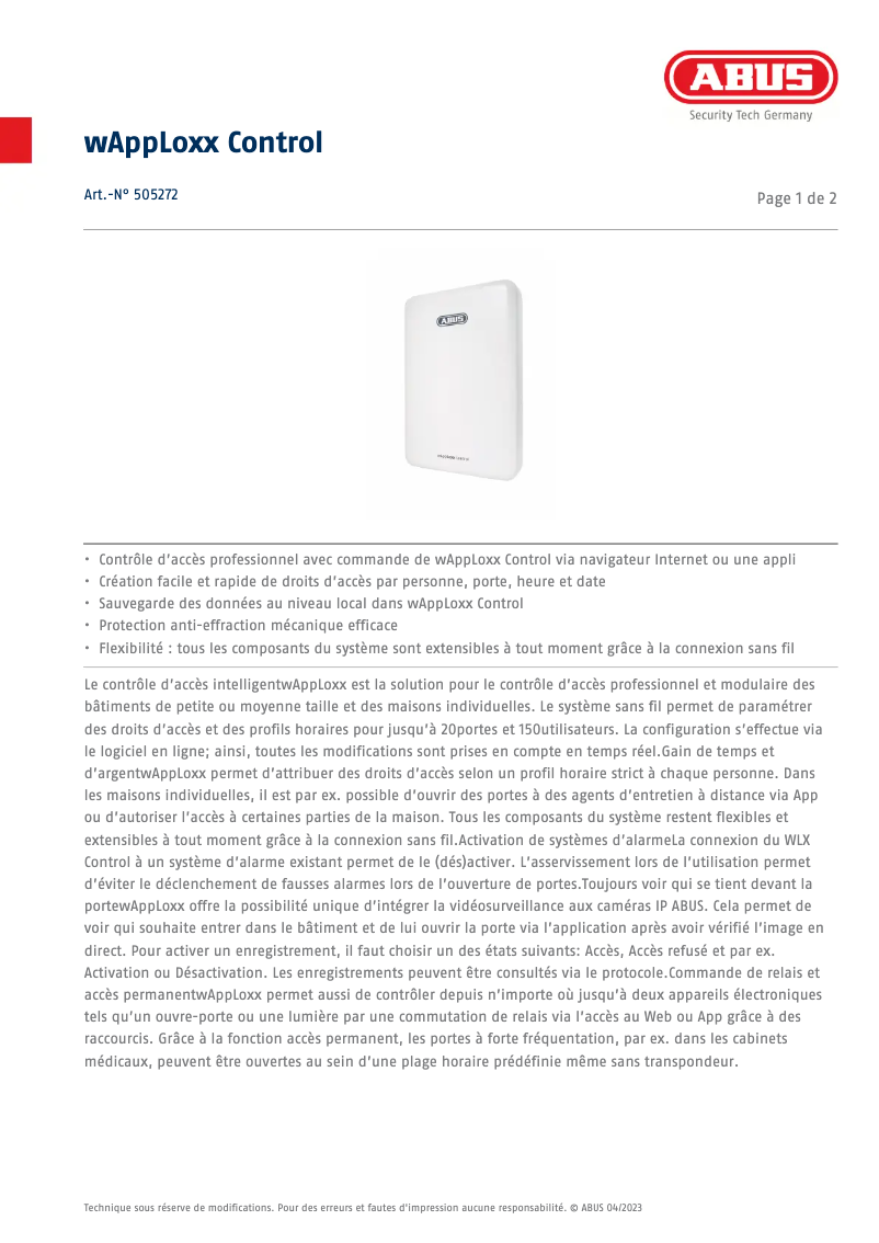 Page n°1 - Fiche technique Abus WAppLoxx Control