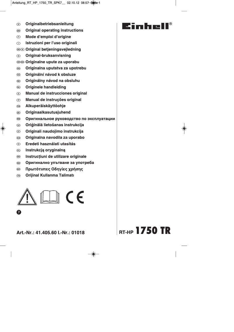 Page 1 de la notice Manuel utilisateur Einhell RT-HP 1750 TR