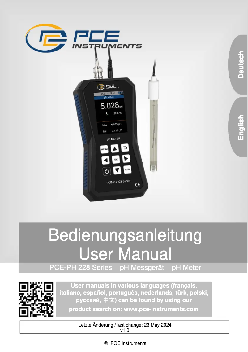 Page 1 de la notice Manuel utilisateur PCE Instruments PCE-PH 228