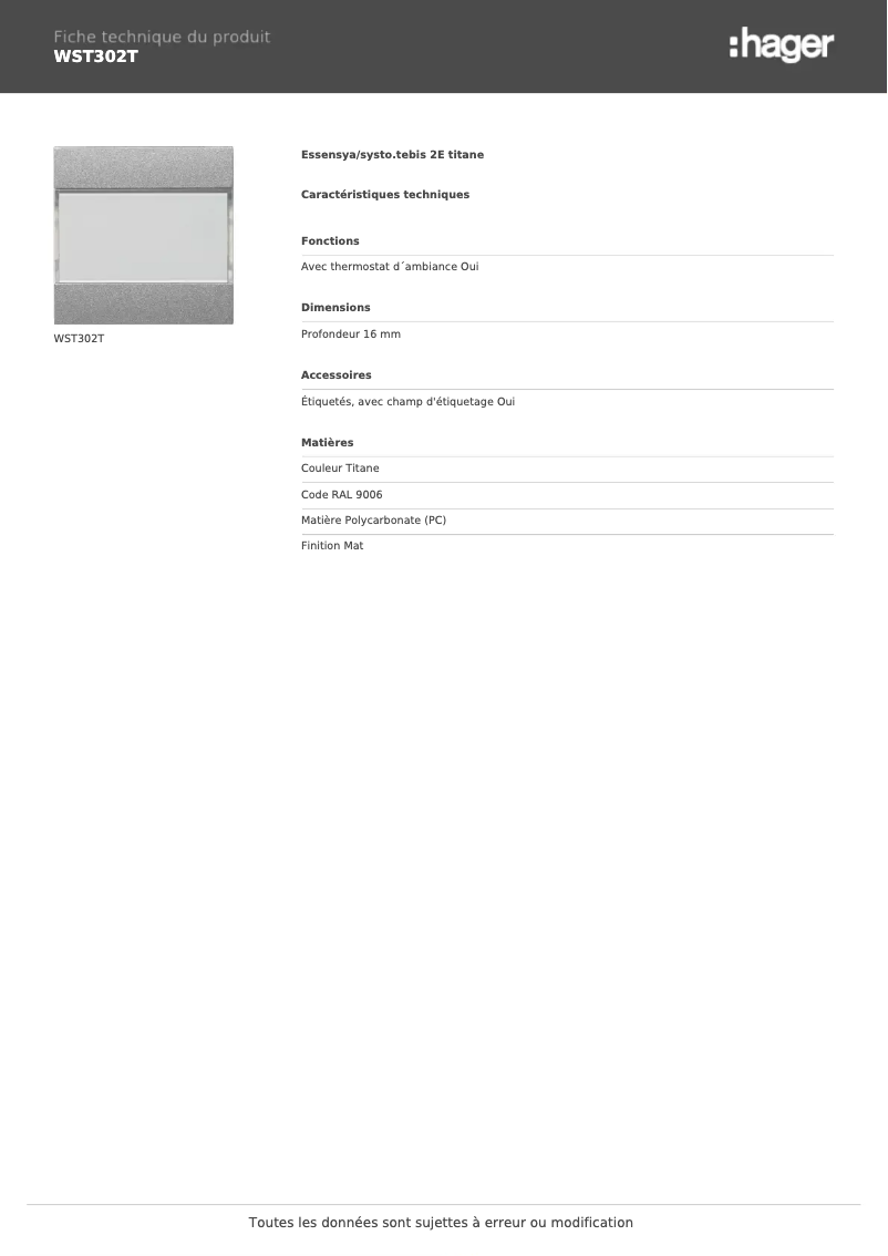 Page 1 de la notice Fiche technique Hager WST302T