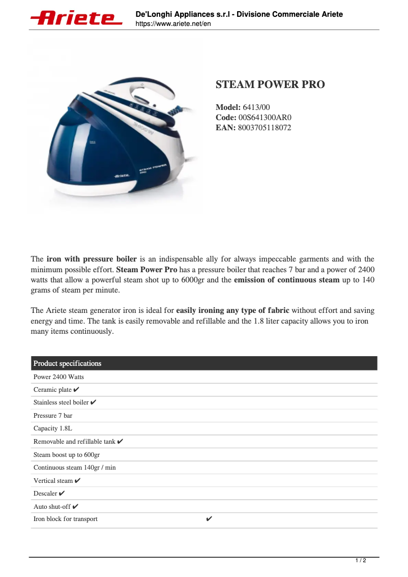 Page 1 de la notice Fiche technique Ariete Steam Power Pro 6413