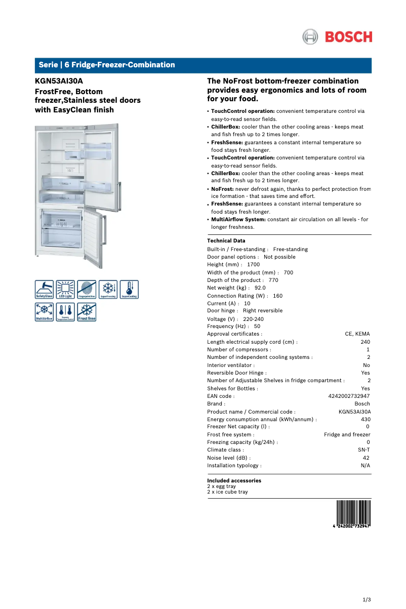 Page 1 de la notice Fiche technique Bosch KGN53AI30A