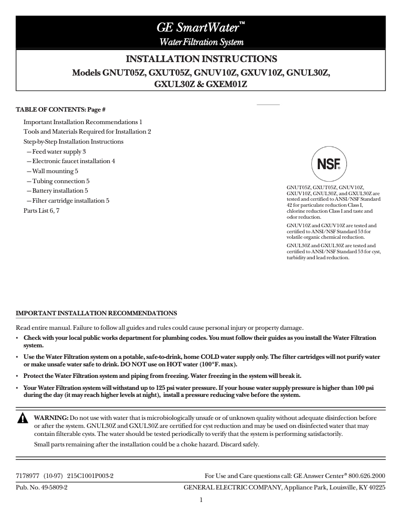 Page 1 de la notice Guide d'installation GE GNUV10Z