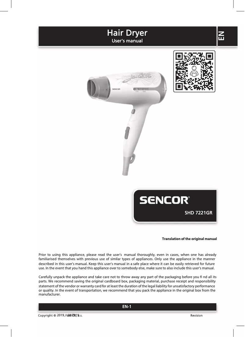 Page 1 de la notice Manuel utilisateur Sencor SHD 7221GR