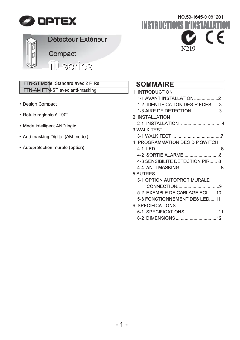 Page 1 de la notice Manuel utilisateur Optex FTN-AM