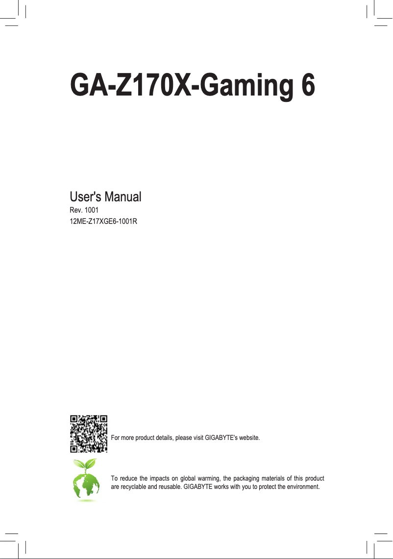 Page 1 de la notice Manuel utilisateur Gigabyte GA-Z170X-Gaming 6