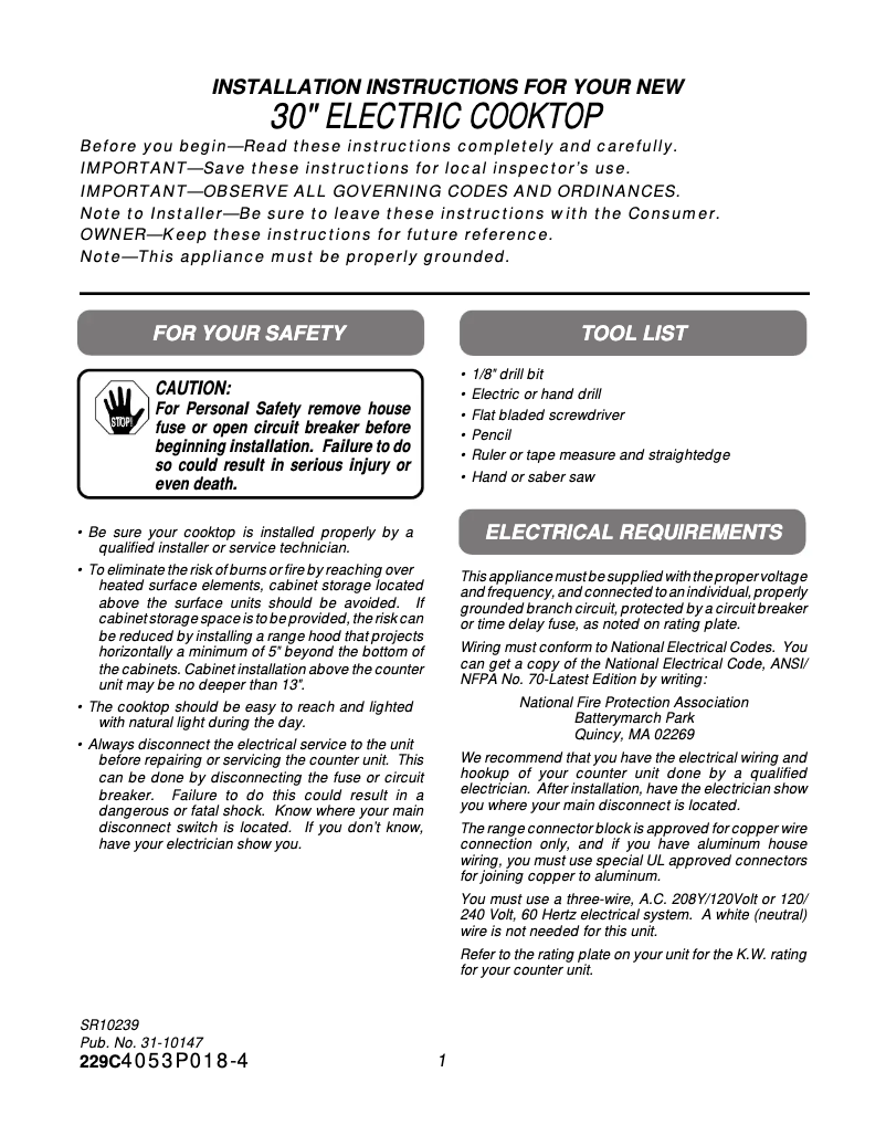 Page 1 of the manual Installation Guide GE Profile JP350AAAA