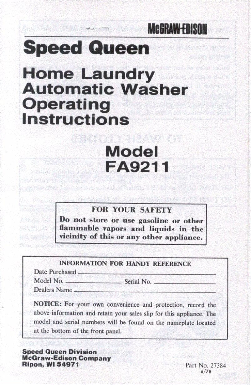 Page n°1 - Manuel utilisateur Speed Queen FA9211