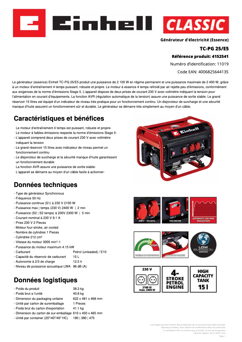 Page n°1 - Fiche technique Einhell TC-PG 25/E5