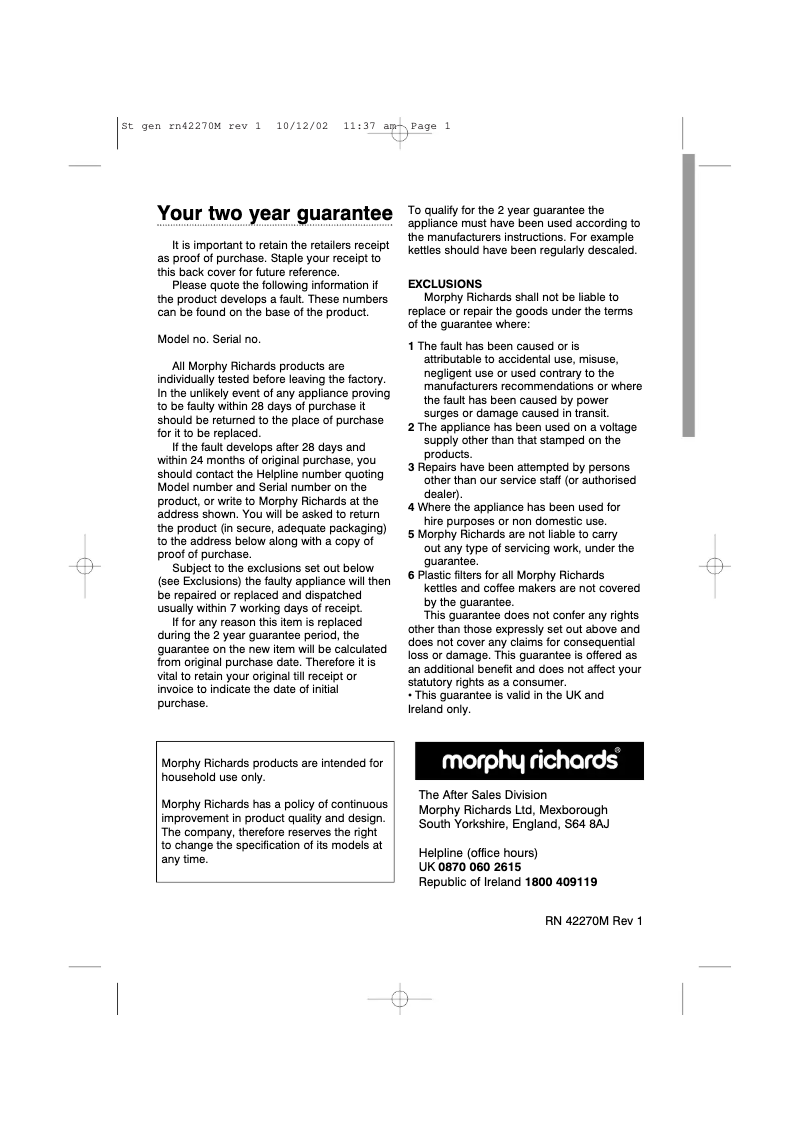 Page 1 de la notice Manuel utilisateur Morphy Richards 42270