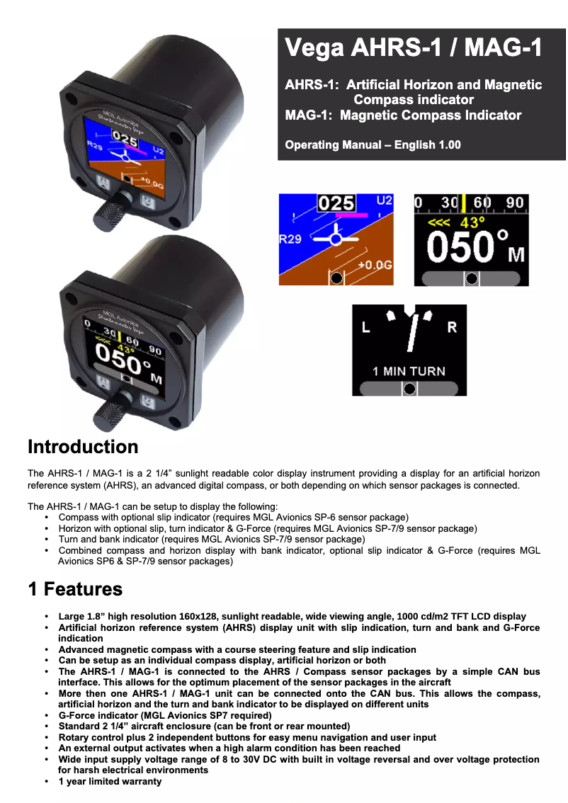 Page n°1 - Manuel utilisateur MGL Avionics AHRS-1