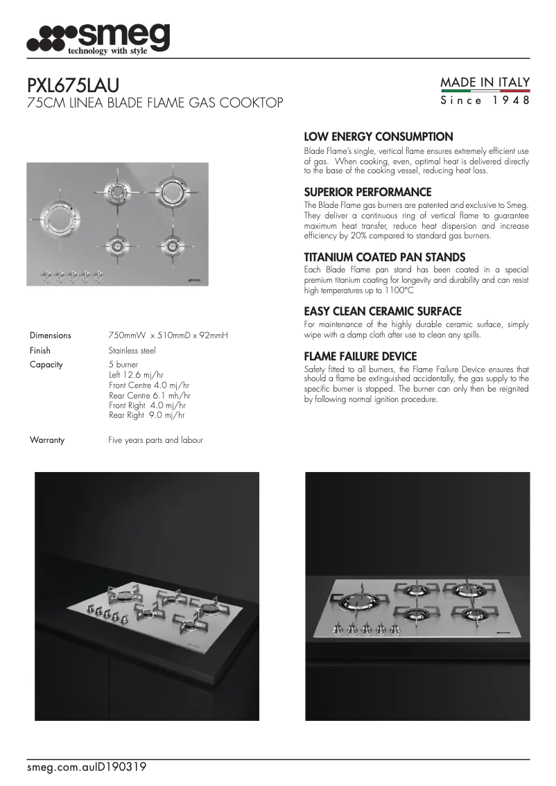 Page 1 de la notice Fiche technique Smeg PXL675LAU