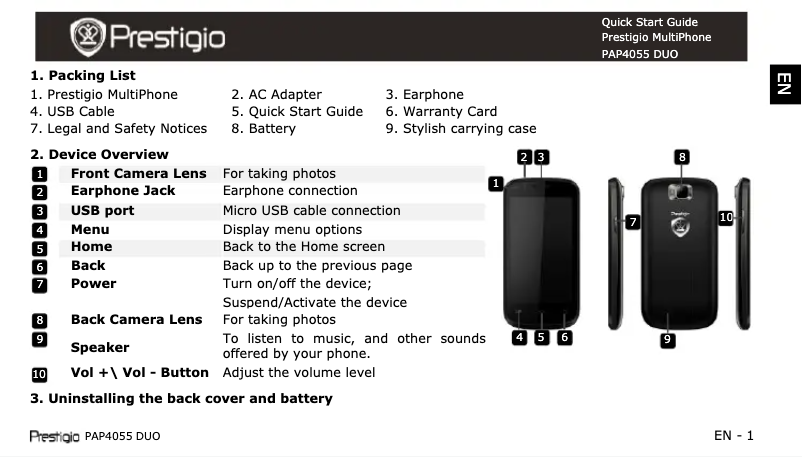 Page 1 de la notice Guide de démarrage rapide Prestigio MultiPhone 4055 Duo