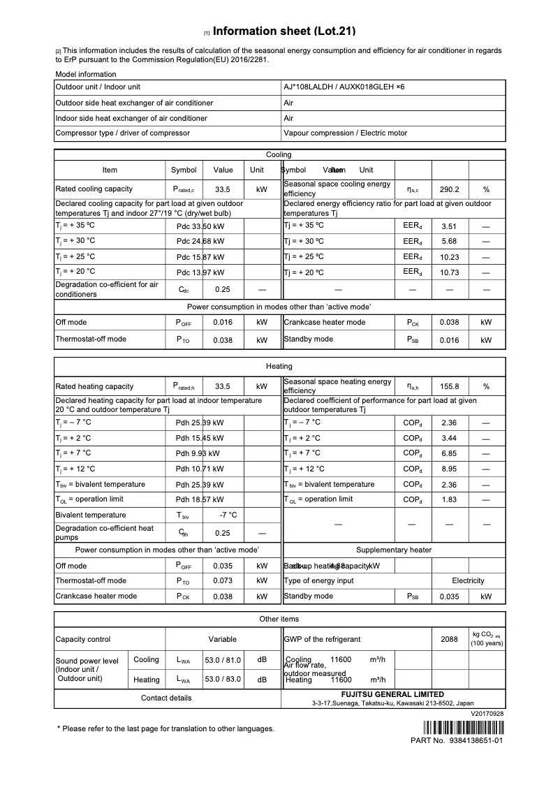 Page 1 de la notice Fiche technique Fujitsu Airstage AJH108LALDH