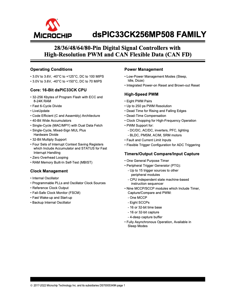 Page 1 de la notice Manuel utilisateur Microchip dsPIC33CK64MP505