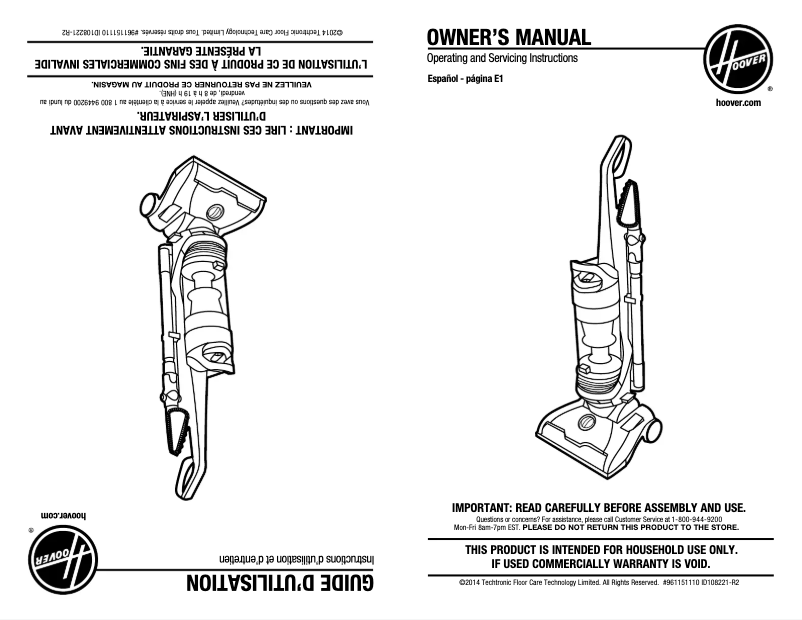 Page 1 de la notice Manuel utilisateur Hoover Whole House Elite UH71230