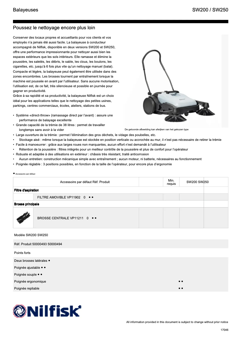 Page 1 de la notice Fiche technique Nilfisk SW200
