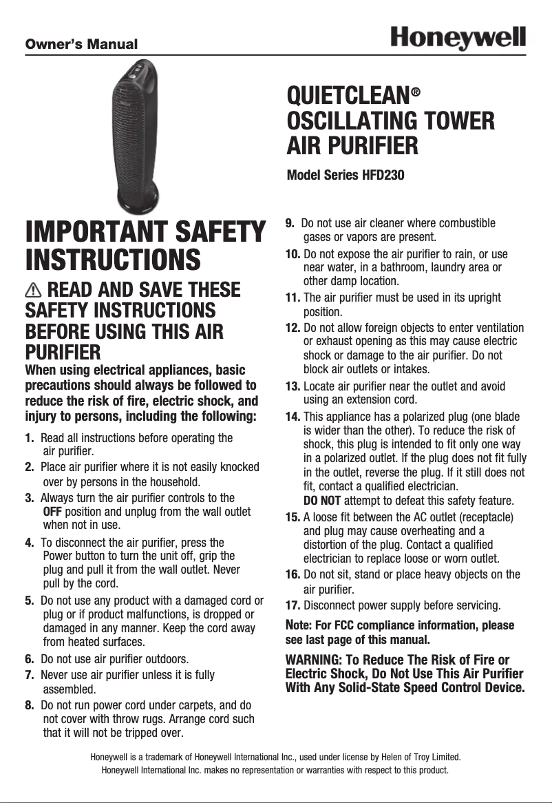 Page 1 de la notice Manuel utilisateur Honeywell QuietClean HFD230B