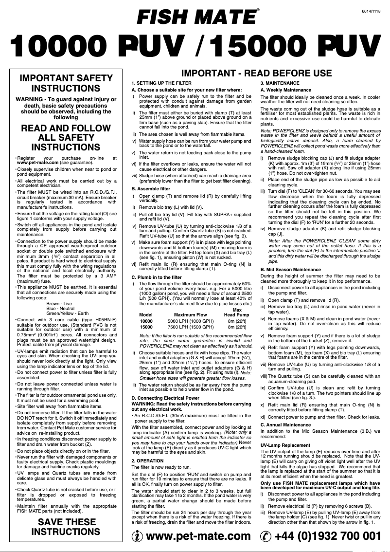 Page 1 de la notice Manuel utilisateur Closer Pets Fish Mate 15000 PUV