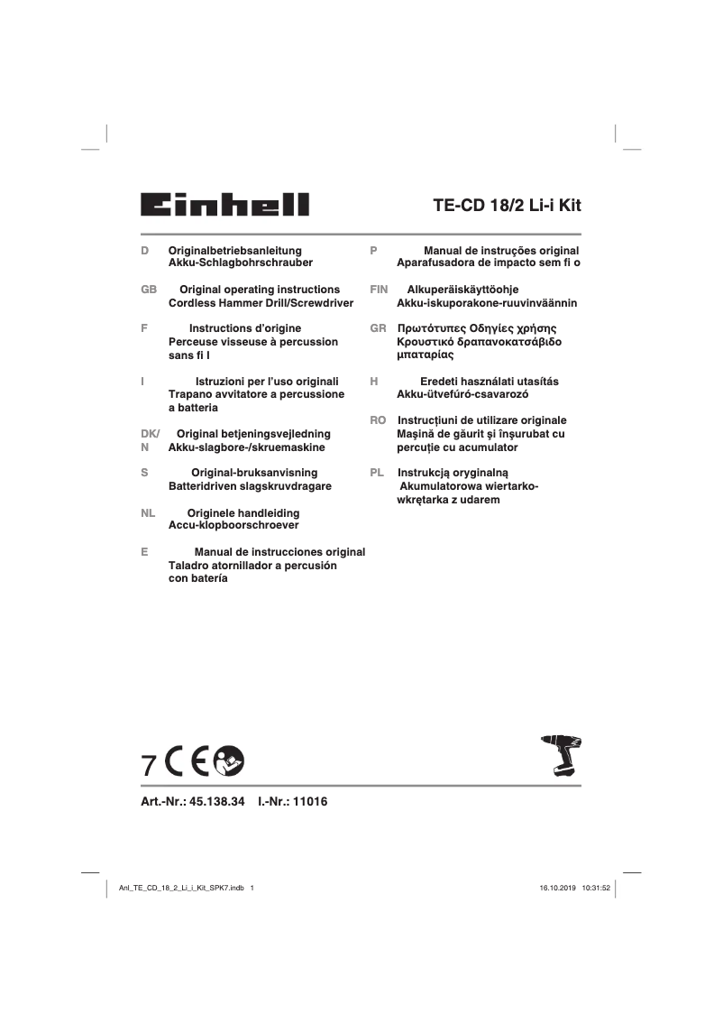 Page 1 de la notice Manuel utilisateur Einhell TE-CD 18/2 Li-i
