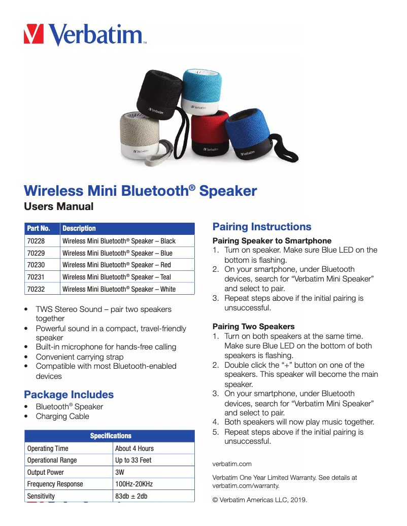 Page n°1 - Manuel utilisateur Verbatim Wireless Cube Bluetooth 70232